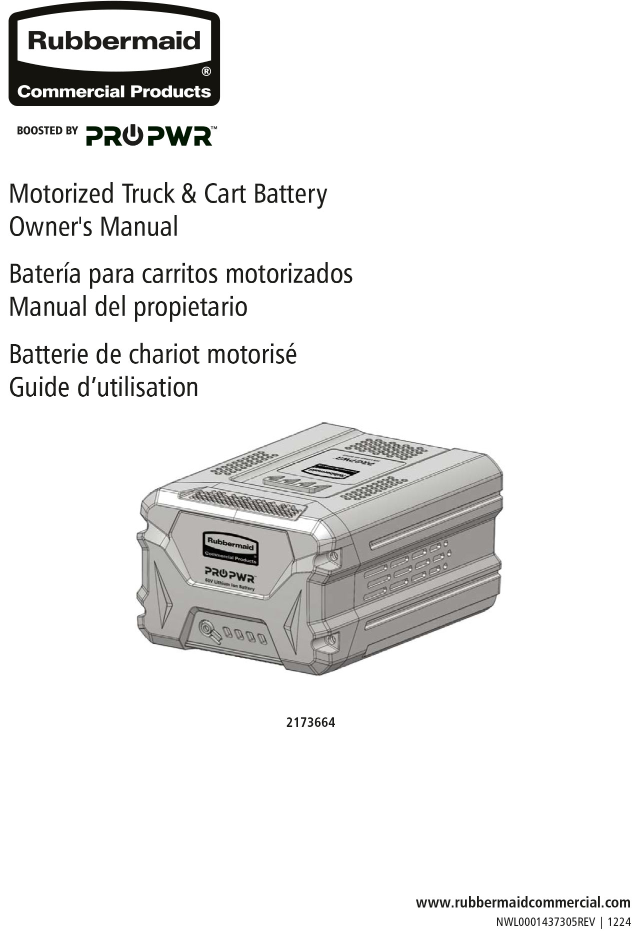 Owner's Manual covering information about Motorized Housekeeping Carts (2173556), Motorized Platform Trucks (2173663, 2173661), Motorized Tilt Trucks (2173519, 2173662), and battery (2173664).