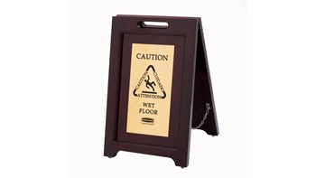 Segnalatore multilingue "Caution" bifacciale color oro in legno Executive Series™ da 55,88 cm