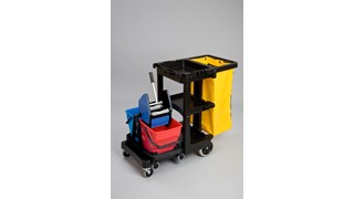 Il carrello delle pulizie standard Rubbermaid Commercial con sacco giallo con zip consente di trasportare rifiuti e attrezzi per pulizie efficaci.