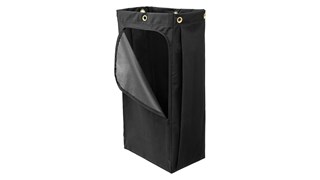 The Rubbermaid Commercial Canvas Bag for Janitorial Cleaning Carts with vinyl lining collects up to 114 l of waste with zippered front for easy waste removal.