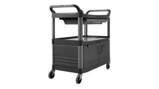 The Rubbermaid Commercial Xtra Instrument and Utility Cart is a rolling utility cart with two shelves, a lockable cabinet and a sliding drawer.