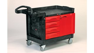 The Rubbermaid Commercial TradeMaster Mobile Work Center Utility Cart, 4 Drawer, easily transports tools and supplies where you need them.