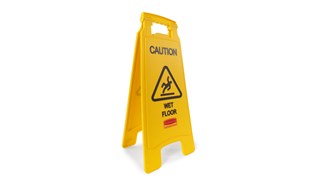 Il segnalatore di sicurezza bifacciale "Caution wet floor" (attenzione pavimento bagnato) è leggero e i colori e gli elementi grafici sono conformi agli standard ANSI/OSHA.