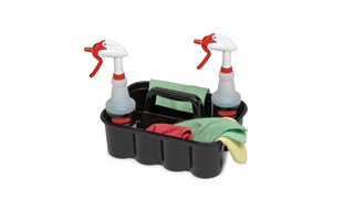 All-purpose caddy is perfect for carrying tools or cleaning supplies. Heavy-duty caddy conveniently fits on cleaning and housekeeping carts. Securely holds up to eight 32 oz spray bottles and other common cleaning tools.