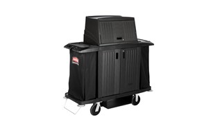 The Rubbermaid Commercial Products Locking Hood for Executive Traditional Housekeeping Carts secures and conceals supplies and amenities stored on the top of the cart.