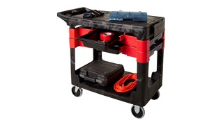 The Rubbermaid Commercial Utility Cart moves productivity right to the work site with a total tool storage and mobile workbench system.