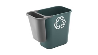 Der seitlich ansteckbare Recycling-Behälter von Rubbermaid Commercial aus Polyethylen ist leicht und strapazierfähig. Er wird an mittelgroßen Abfallkörben befestigt und sorgt so direkt am Schreibtisch für eine einfache Mülltrennung.