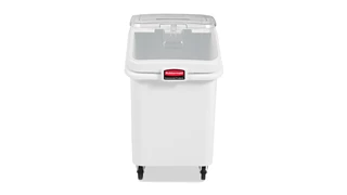 The Rubbermaid Commercial ProSave® Ingredient and Food Storage Mobile Bin is a bulk food storage container on wheels. With a slanted front, s Liding opening, and 32-ounce scoop, these food storage containers make it easy to transport ingredients.