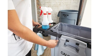 Slim Jim® Rim Caddy Kit compactly holds various cleaning tools including brooms, dustpans, safety signs, spray bottles, extra can liners, and more.
