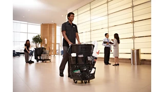 Turn your Rubbermaid Commercial BRUTE® container into a cleaning cart with storage and transport for spray bottles, wet-floor signs, lobby dust pan, brushes, liners, gloves, and other cleaning supplies