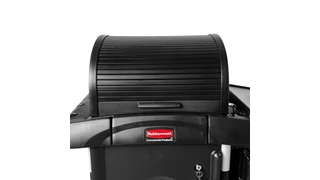 The Rubbermaid Commercial Products Executive Locking Hood for High-Capacity Janitorial Cleaning Carts secures and conceals supplies stored on the top of the cart while providing access to supplies on both sides of the cart.