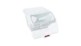 The Rubbermaid Commercial Shelf Ingredient Bin with Scoop offers quick one-handed access while stacked and an integrated measuring tool that increases preparation efficiency, space optimization, and promotes food safety compliance.