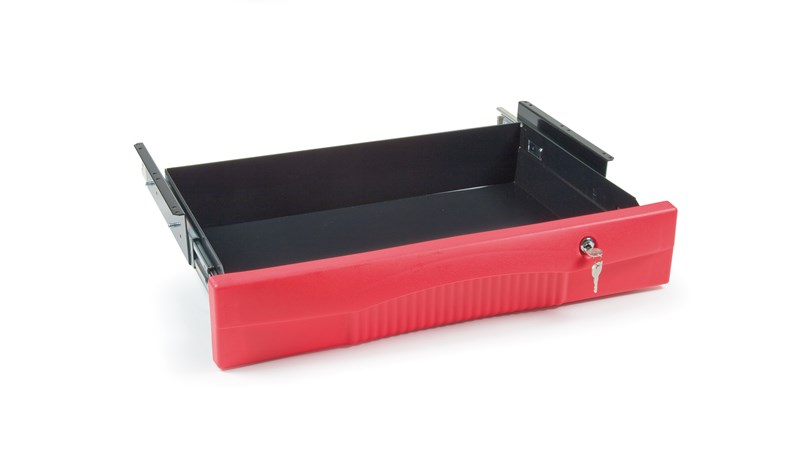 The Rubbermaid Commercial Center Drawer Kit for Utility Carts.  Single, full extension, locking drawer.  Steel drawer with plastic red front.  Front grip handle for opening with ease.  Locking mechanism provides secure storage on Rubbermaid Commercial Utility Carts.