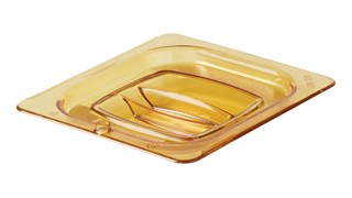 Hot Food Pan Cover with Peg Hole is break resistant and won't rust, dent, or bend. Used to cover all 1/6 size hot food pans, it has a peg hole for easy hanging to store or dry and is quieter than metal.