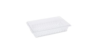 The Rubbermaid Commercial Colander/Drain Tray/Tote Box is a clear, break-resistant drain tray for thawing foods or marinating foods.