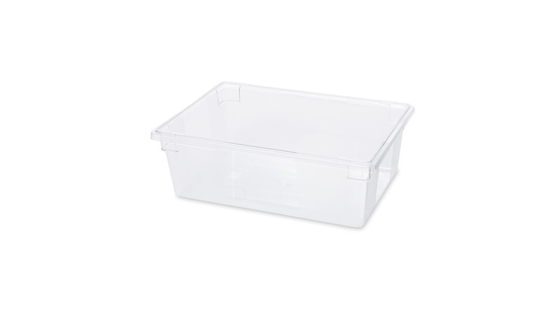 The Rubbermaid Commercial Food Storage Tote Box is a clear, stain-resistant bulk food storage container. It features label and date panels for easy identification.