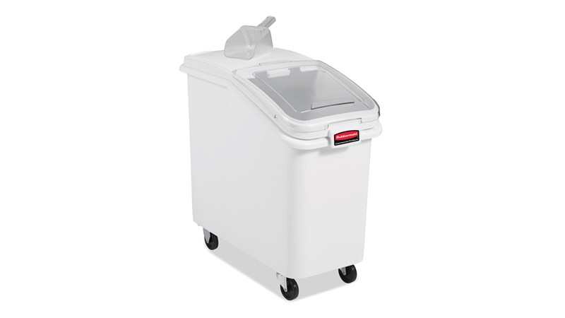 The Rubbermaid Commercial ProSave® Ingredient and Food Storage Mobile Bin is a bulk food storage container on wheels. With a slanted front, s Liding opening, and 0.94L scoop, these food storage containers make it easy to transport ingredients.