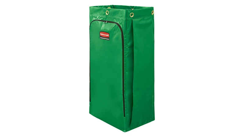 The Rubbermaid Commercial Vinyl Bag for Janitorial Cleaning Carts collects up to 34 gaLs of waste (20% more than traditional cart bags) with zippered front for easy trash removal.