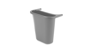 The Rubbermaid Commercial Recycling Side Bin is constructed of polyethylene to be lightweight and durable. It attaches onto medium wastebaskets to create a deskside recycling solution.