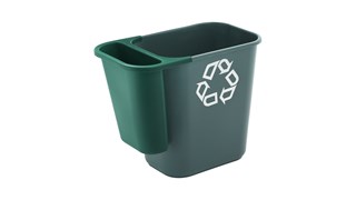 The Rubbermaid Commercial Recycling Side Bin is constructed of polyethylene to be lightweight and durable. It attaches onto medium wastebaskets to create a deskside recycling solution.