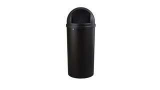 The Rubbermaid Commercial Marshal® Classic Waste Bin with Retainer Bands features a domed and textured top.