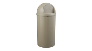 The Rubbermaid Commercial Marshal® Classic Waste Bin with Retainer Bands features a domed and textured top.