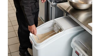 The Rubbermaid Commercial ProSave® Ingredient and Food Storage Mobile Bin is a bulk food storage container on wheels. With a slanted front, s Liding opening, and 32-ounce scoop, these food storage containers make it easy to transport ingredients.