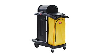 The Rubbermaid Commercial Executive High-Security Janitorial Cleaning Cart provides the most secure cart, featuring quiet casters and ball-bearing wheels along with preassembled locking hood and doors