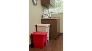 The Rubbermaid Commercial Step-On Container provides sanitary waste management.
