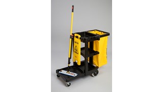 El carro de limpieza tradicional Rubbermaid Commercial con bolsa amarilla con cremallera recoge residuos y transporta herramientas para una limpieza eficiente.
