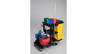 The Rubbermaid Commercial Traditional Janitorial Cleaning Cart with Yellow Bag and Zip collects waste and transports tools for efficient cleaning.