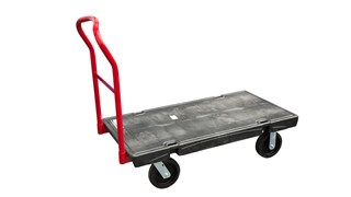 The Rubbermaid Commercial Heavy-Duty Platform Truck is constructed from Duramold resin and metal composite for durability and strength. The platform truck cart has a 900 kg capacity.