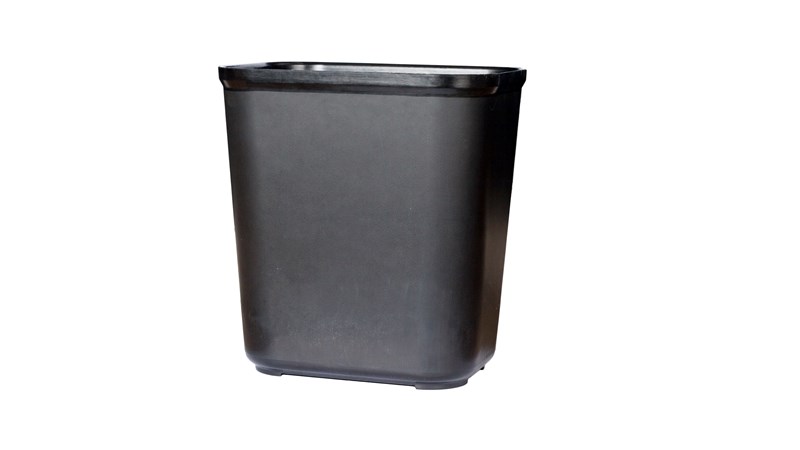 The Rubbermaid Commercial Fire-Resistant Wastebasket features a contemporary shape with a UL rating.