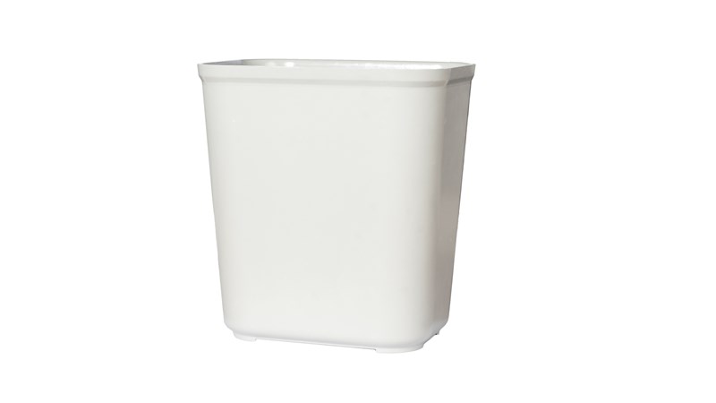 The Rubbermaid Commercial Fire-Resistant Wastebasket features a contemporary shape with a UL rating.
