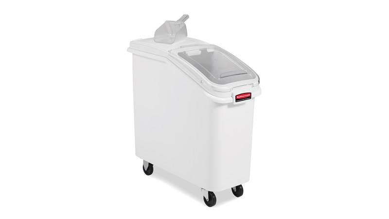 The Rubbermaid Commercial ProSave® Ingredient and Food Storage Mobile Bin is a bulk food storage container on wheels. With a slanted front, sliding opening, and 32-ounce scoop, these food storage containers make it easy to transport ingredients.
