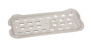 The Rubbermaid Commercial 1/3-Size Cold Drain Tray is quieter than metal and won't break, bend, or dent.