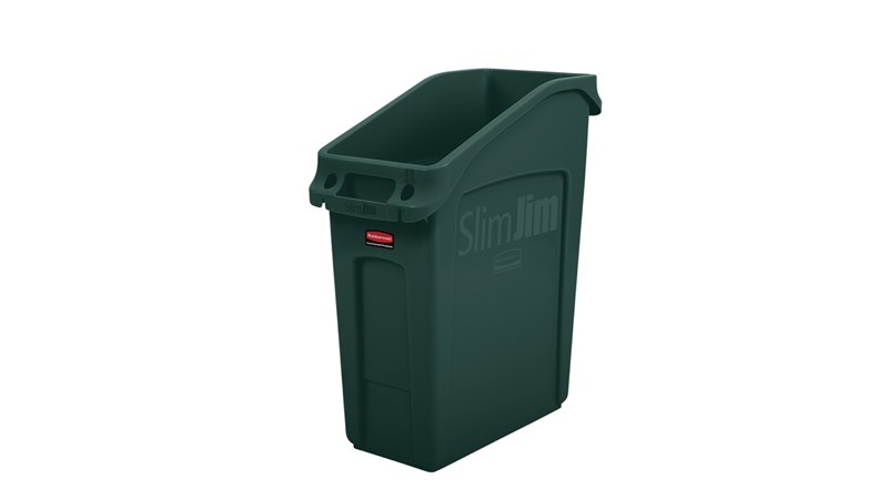 Slim Jim® Untertischbehälter von Rubbermaid Commercial sind eine zweckorientierte Lösung für die platzsparende Abfallentsorgung unter dem Tisch.