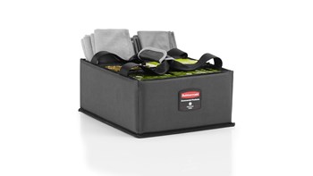 The Rubbermaid Commercial Executive Quick Cart Caddy is great for organizing amenities with its adjustable and removable dividers.