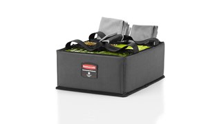 The Rubbermaid Commercial Executive Quick Cart Caddy is great for organizing amenities with its adjustable and removable dividers.