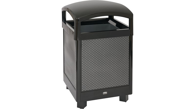 The Dimension Series decorative outdoor waste container's perforated steel panels create an upscale, dimensional look that complements contemporary outdoor enviornments.