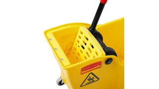 One-piece design: integrated bucket and wringer. Holes in both wringing plates force more water from mop in less time. Reverse-wringing mechanism for more comfortable use. Built-in lift handles on bottom of bucket make lifting and emptying easier.