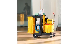 Traditional Janitorial Cleaning Cart with zippered yellow vinyl bag collects waste and transports tools for efficient cleaning. Customise and stock this cleaning cart in a way that best suits your needs with 3 shelves, hooks, and holders that easily fit all of your cleaning equipment. Front platform holds WaveBrake® mop bucket or up to a 121 Litre BRUTE® bin.
Features and Benefits: