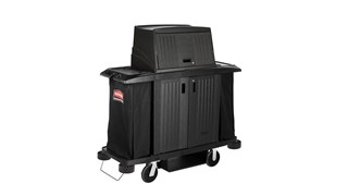 The Rubbermaid Commercial Products Executive Locking Door Kit for Traditional Housekeeping Carts secures and conceals supplies and amenities throughout the housekeeping process.