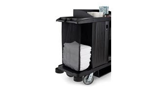 The Rubbermaid Commercial Side-Load Mesh Linen bag for housekeeping carts increases capacity for clean linens without the need for a larger cart.
