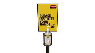 Mit dem Ständer für Handhygiene-Pumpspender lassen sich Desinfektionsmittel-Behälter mit Pumpspendern an einem leichten, beweglichen Ständer anbringen.