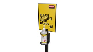 Mit dem Ständer für Handhygiene-Pumpspender lassen sich Desinfektionsmittel-Behälter mit Pumpspendern an einem leichten, beweglichen Ständer anbringen.