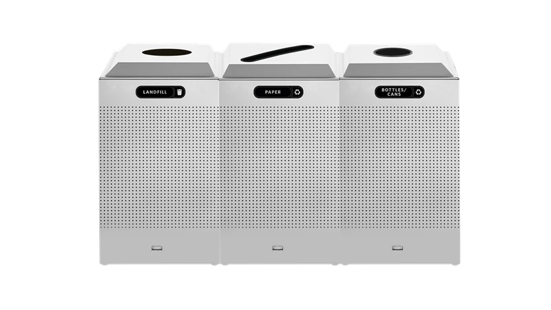 The sleek Silhouettes 29 Gallon FGDCR24 Decorative Square Indoor Recycling Container has a contemporary perforated pattern designed to seamlessly and beautifully blend with modern facilities and environments. High-quality materials and craftsmanship ensure containers can withstand the rigors of everyday use.