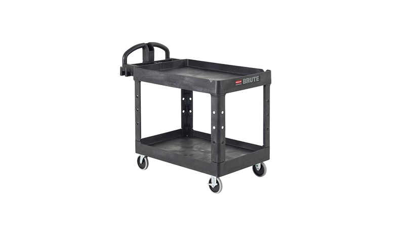 The BRUTE Heavy-Duty Utility Cart with Lipped Shelf transports materials, supplies, and heavy loads securely with up to 500 lbs. load capacity. The lipped shelves prevents items from falling off the cart and features an integrated V-notch to hold pipe and conduit securely for safe cutting.