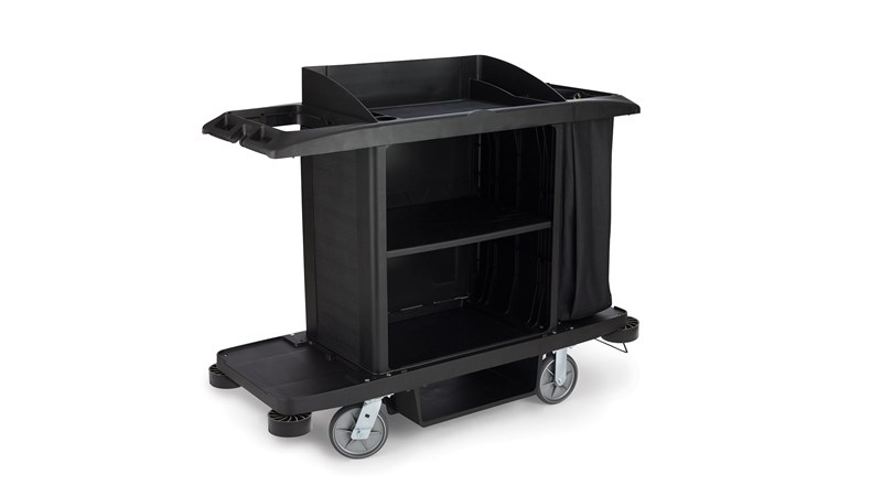 El carrito de limpieza Executive de tamaño completo es una solución de sistema completo para limpieza con doble recolección de bolsas opcional y estantes ajustables.