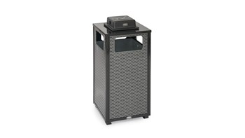 The Dimension Series 24 Gallon FGR18 decorative outdoor waste container's perforated steel panels create an upscale, dimensional look that complements contemporary outdoor enviornments.